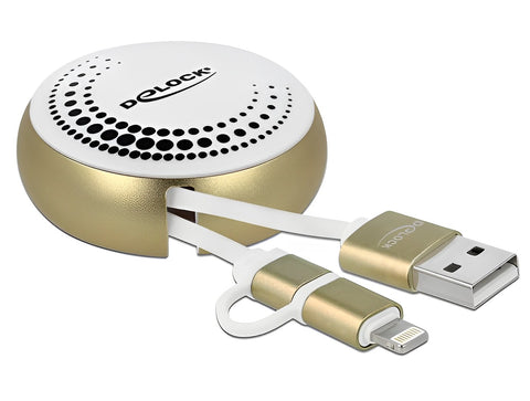 USB 2 in 1 Retractable Cable Type-A to Micro-B and Lightning™ white / gold - delock.israel