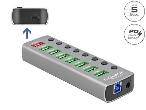 USB 3.2 Gen 1 Hub with 7 Ports + 1 Fast Charging Port + 1 USB-C™ PD 3.0 Port with Switch and Illumination - delock.israel
