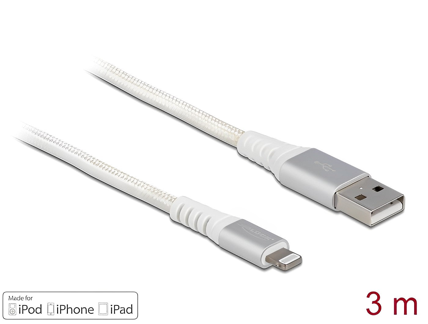 USB data and power cable for iPhone™, iPad™, iPod™ DuPont™ Kevlar® white 3 m - delock.israel