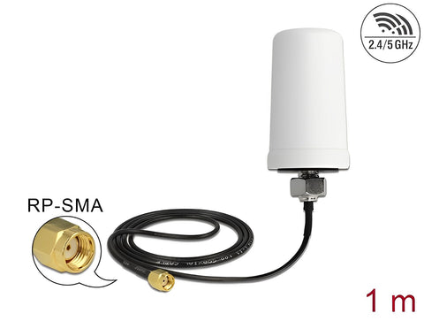 WLAN 802.11 ac/a/h/b/g/n Antenna RP-SMA plug 1.4 - 3 dBi omnidirectional with connection cable (ULA 100, 1 m) white outdoor - delock.israel