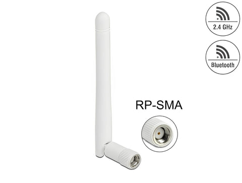 WLAN 802.11 b/g/n Antenna RP-SMA plug 2 dBi omnidirectional with tilt joint white - delock.israel