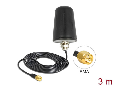 WLAN 802.11 b/g/n Antenna SMA Plug 3 dBi omnidirectional with connection cable (RG-174, 3 m) roof mount outdoor black - delock.israel
