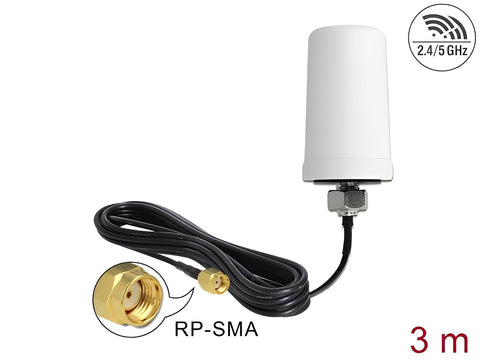 WLAN Antenna RP-SMA 802.11 ac/a/h/b/g/n 0 dBi 3 m ULA100 omnidirectional white outdoor - delock.israel