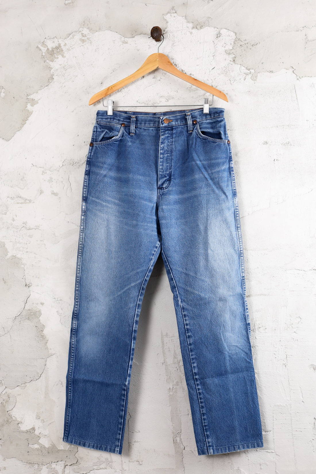 Used Thrift Made In USA Wrangler Jeans | Medium Wash | Men's / Women's |  32-38 – The Green Closet