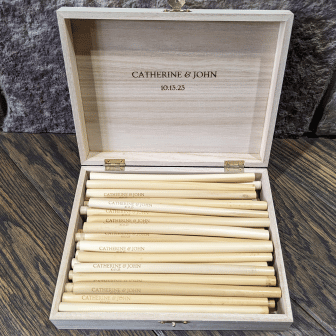 Catherine and John custom engraved wedding drinking straws inside custom box