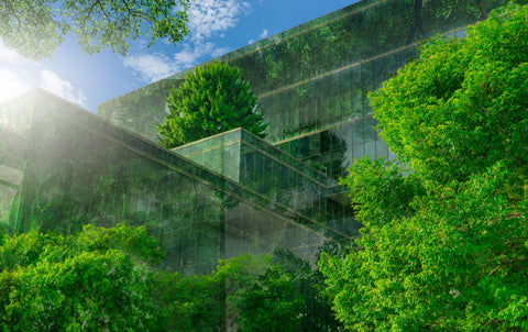 eco-friendly green building with a vertical garden in a modern city.