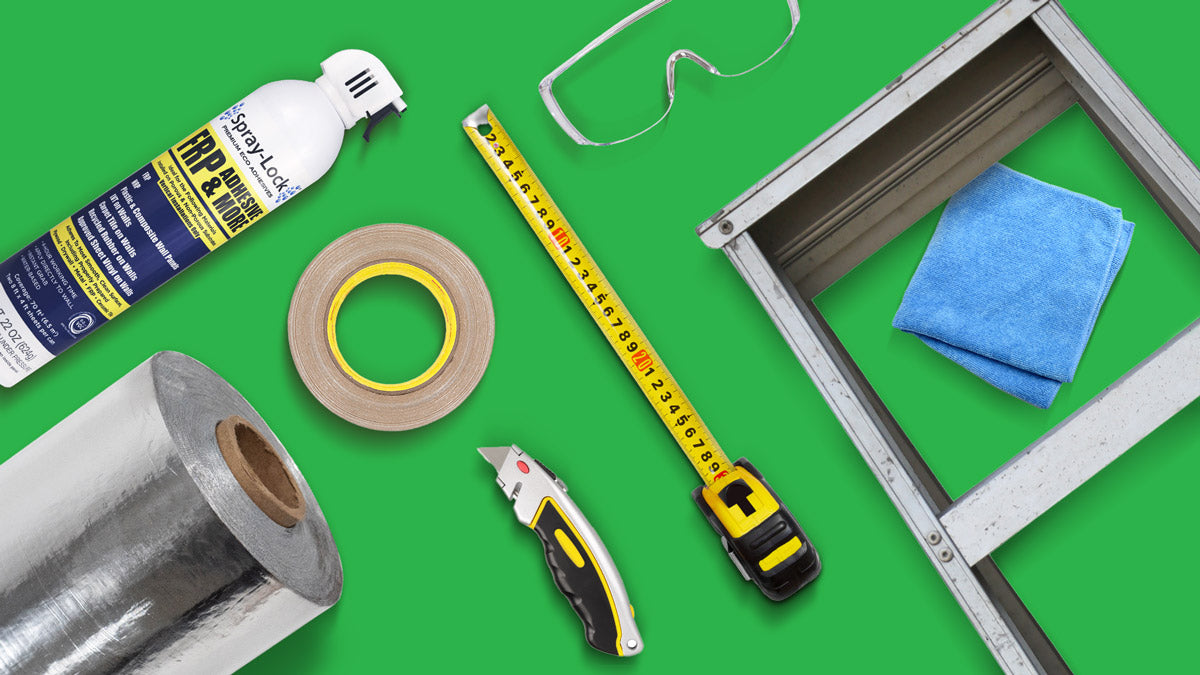 Tools needed for SCIF installation: Spray-Lock adhesive, Ultra NT SCIF Barrier, Reflective SCIF tape, tape measure, utility knife, safety glasses, step ladder, damp cloth