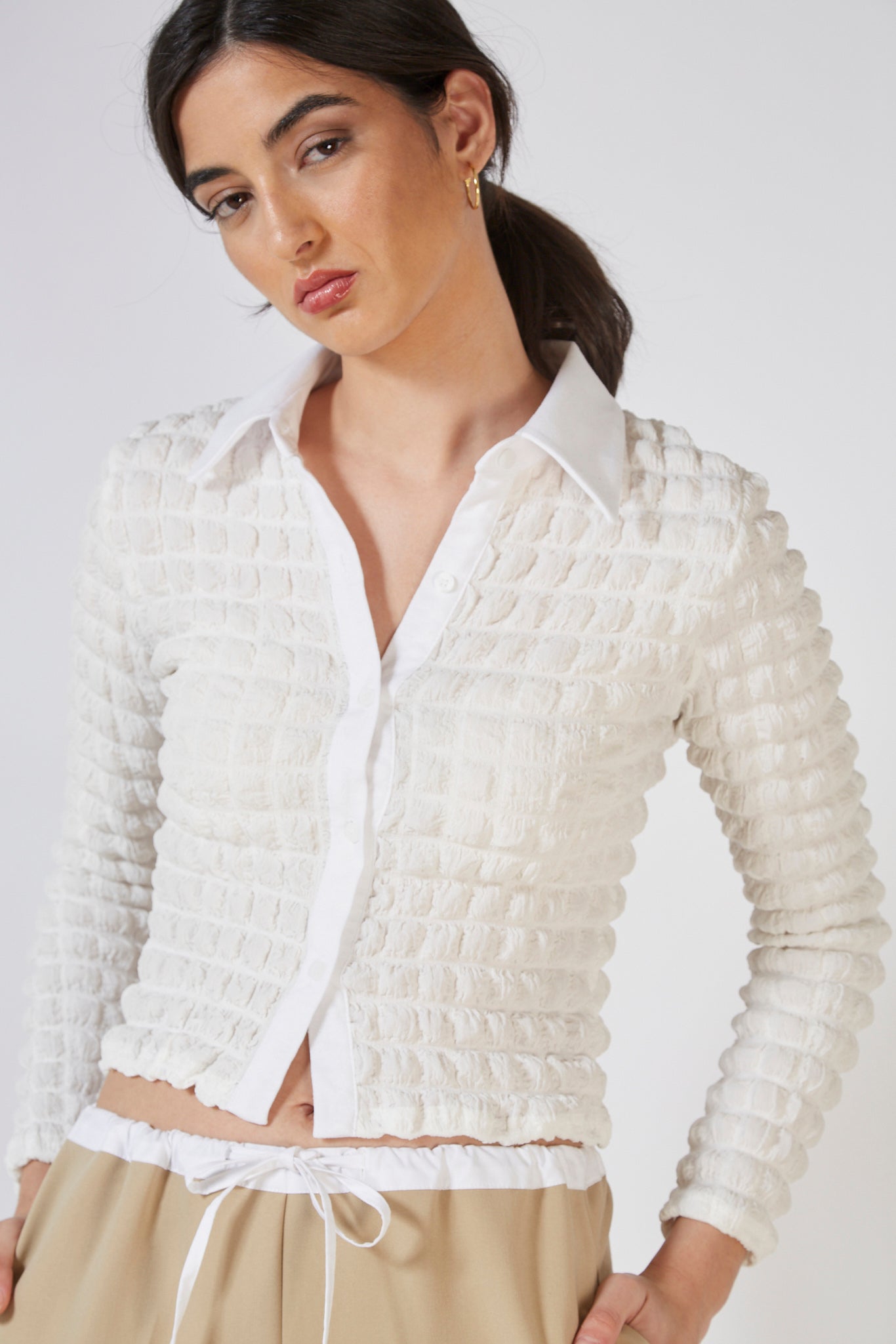 White textured puff shirt