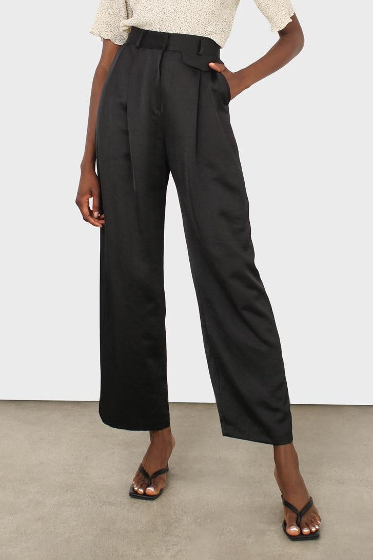 Black flap pocket satin wide leg trousers