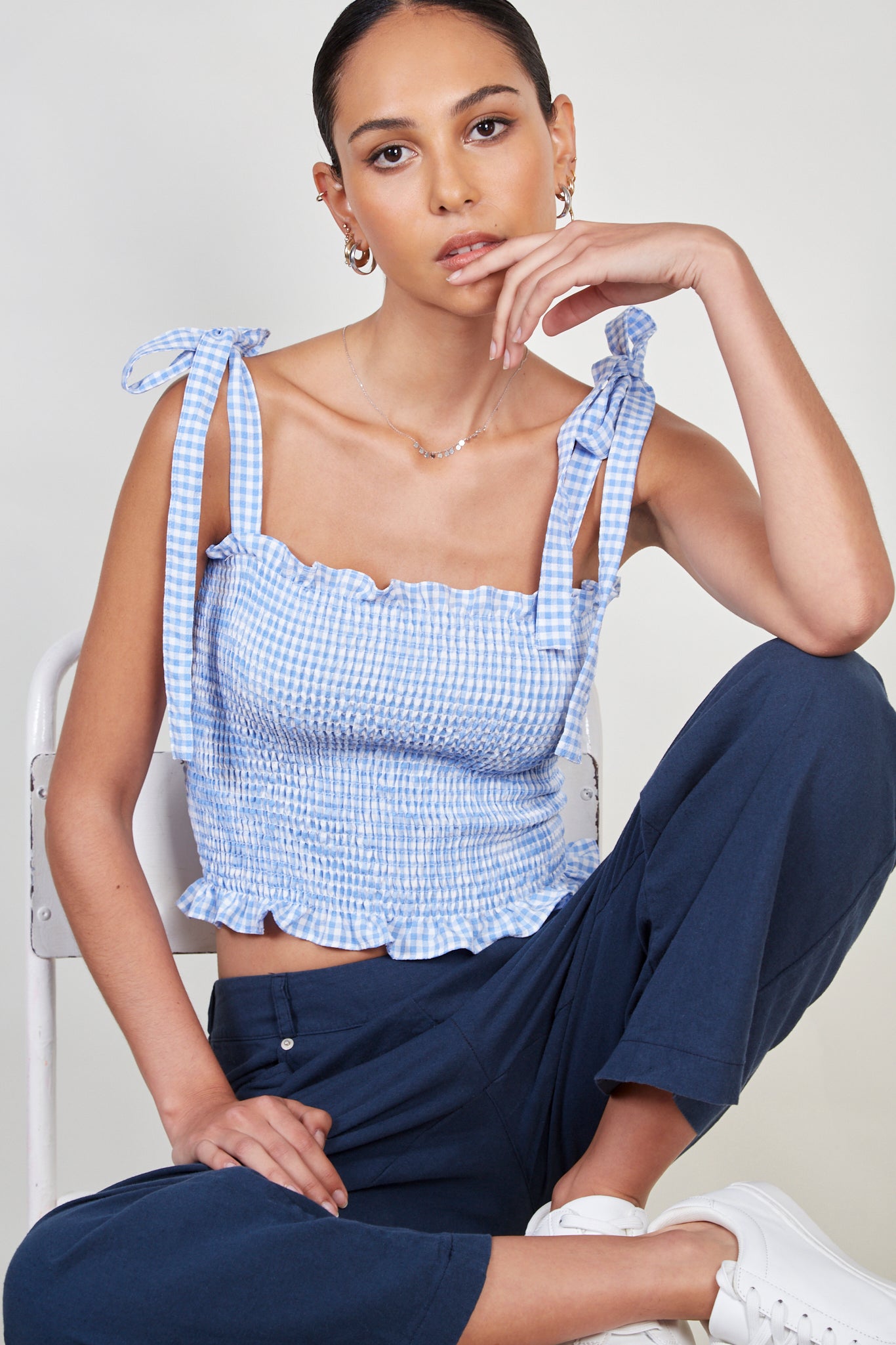 Blue gingham ruched tie strap tank