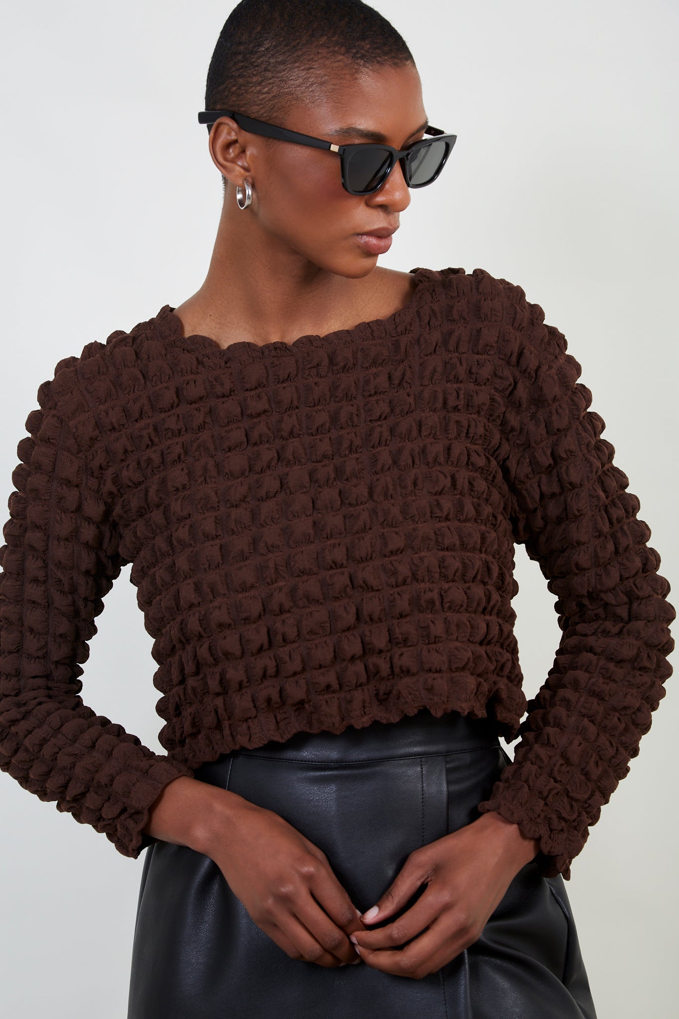 Brown textured puff long sleeve top