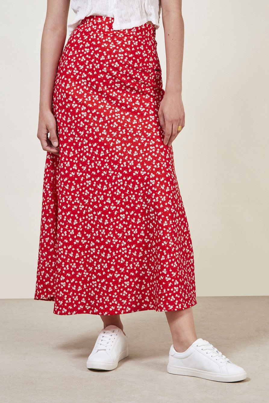 Red floral print maxi skirt