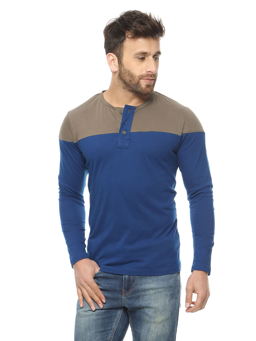 Indigo/Sgrey Full Sleeve Henley Neck T-Shirt – Gritstones