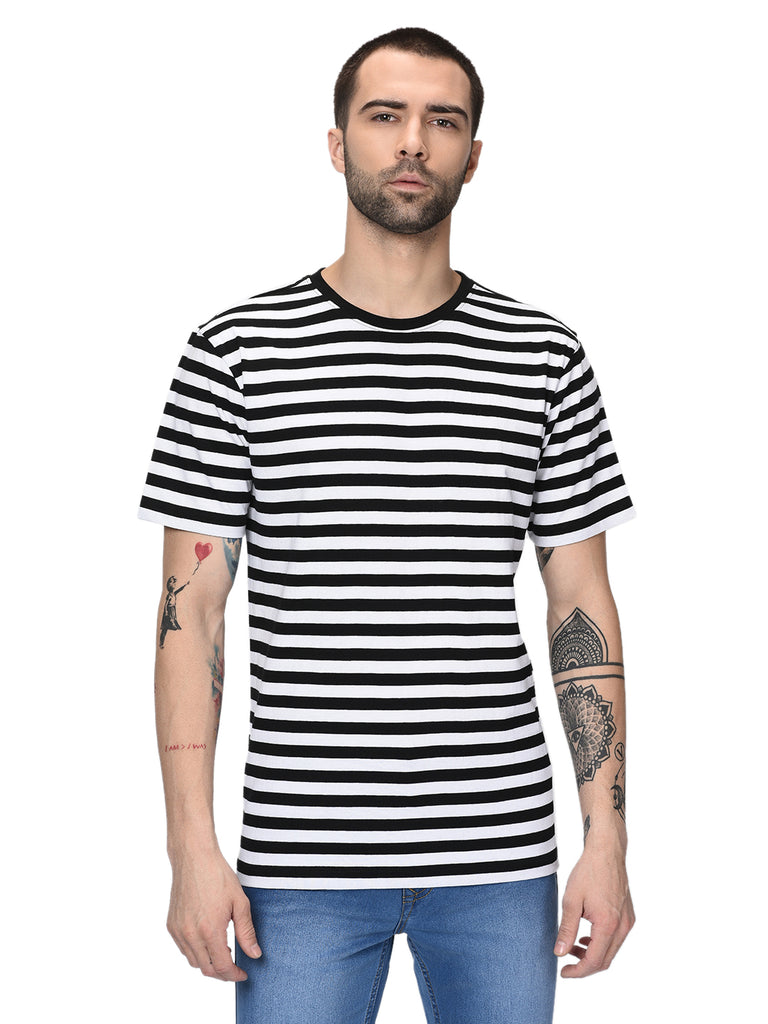 White Black Half Sleeves Horizontal Stripe Crew Neck T Shirt