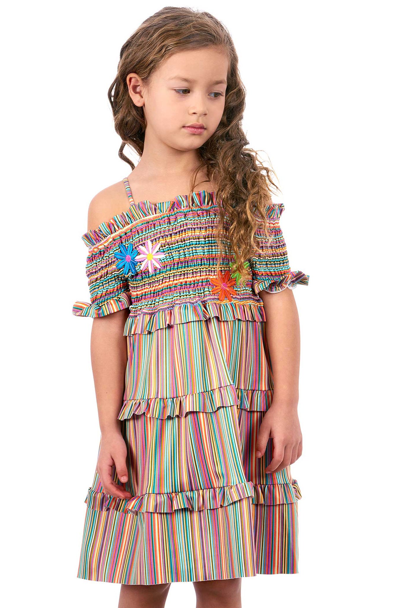 Hannah Banana |Girls Off The Shoulder Colorful Stripe Smocked Top Dress ...