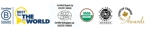 Awards and certifications: B Corp, Best for the World, EcoCert, USDA Organic, Fair Trade Federation, Startup Canada Awards