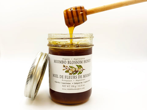 a repurposable jar of Miombo Blosson honey harvested by 10,000 beekeepers