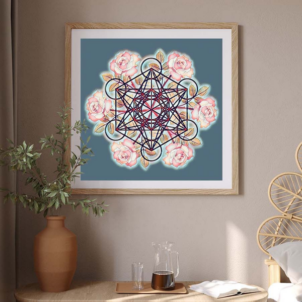 "Metatron's Cube with Light Pink Roses" Poster Print