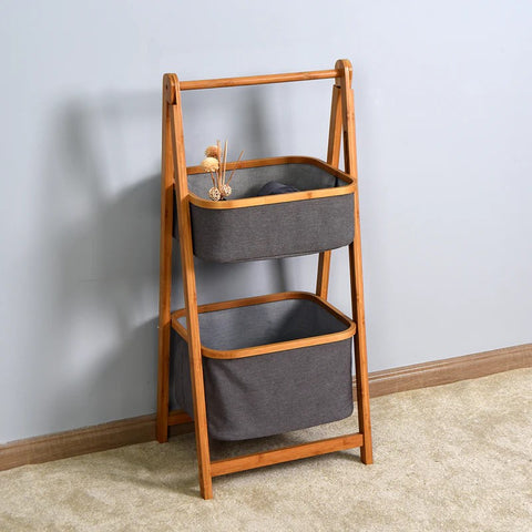 Mid century modern 2 Tier Storage Bamboo Organizer, Freestanding Shelving Unit Shelf