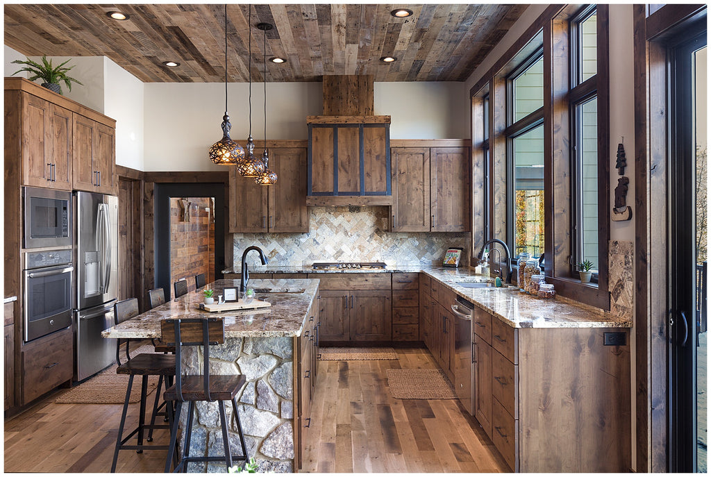 reclaimed wood ceiling in kitchen - lake home - detroit lakes, mn - dakota timber co.