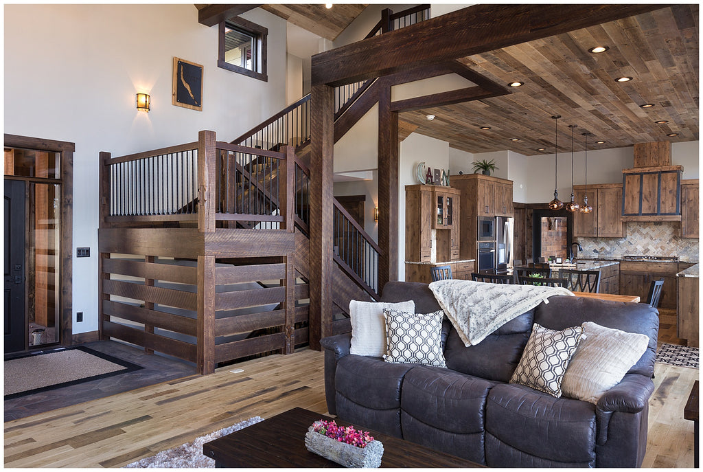 reclaimed wood staircase - detroit lake mn lake home design - dakota timber co