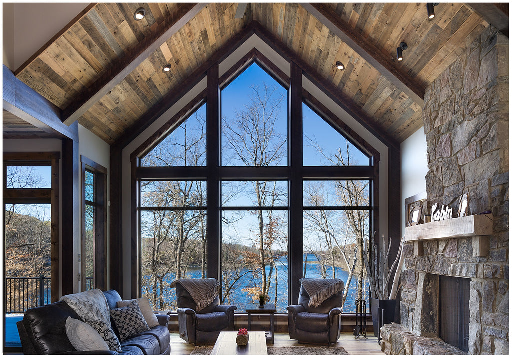 vaulted ceiling - reclaimed wood ceiling paneling - rustic lake home - dakota timber co