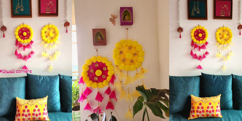 LAMANSH® DECORATIVE MARIGOLD FLOWERS & NET LATKAN HANGINGS FOR BACKDROP DECORATION DIWALI