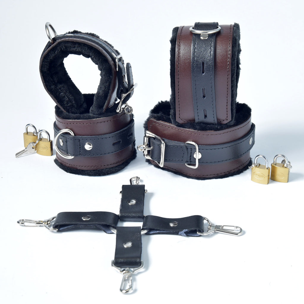 Real Cowhide Leather Padded Wrist & Ankle Cuffs Restraints With