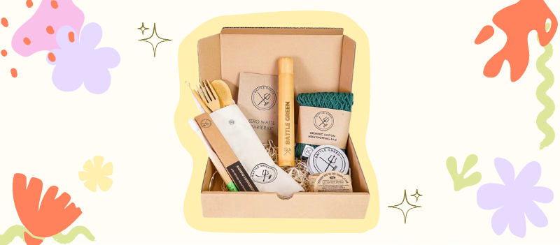 Zero Waste Travel Kit On off white background with cartoon graphics