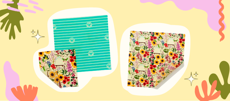 medium floral and stripes mint green food wraps on pale yellow background with cartoon graphicsith