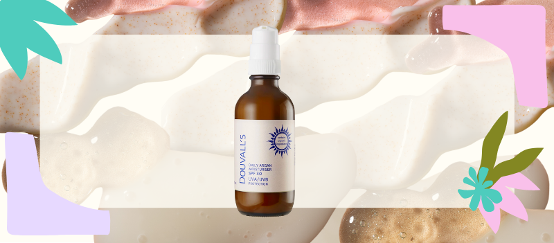 image with squirts of skincare in bacground with colourful pink, and lilac blocks with a faded square and product shot of douvall's organic argan sunscreen