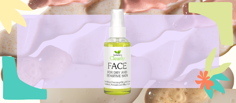 image with squirts of skincare in background with colourful pink, and lilac blocks with a faded square and product shot of Isabella Clearlys face cleanser