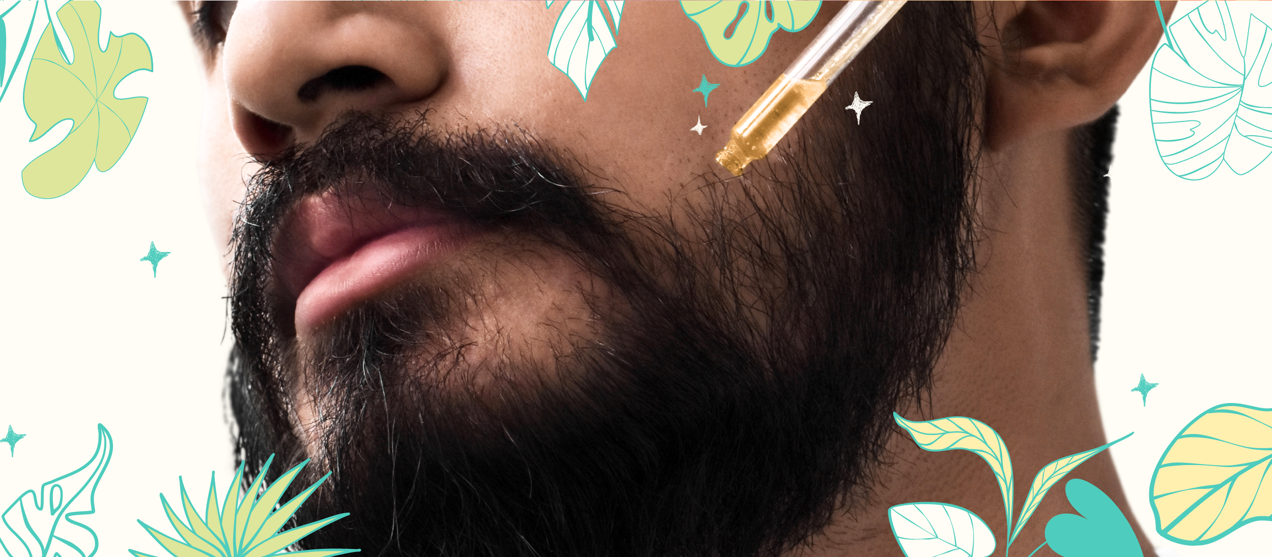 A man with a beard putting beard oil on his face with cartoon graphics of plants around.