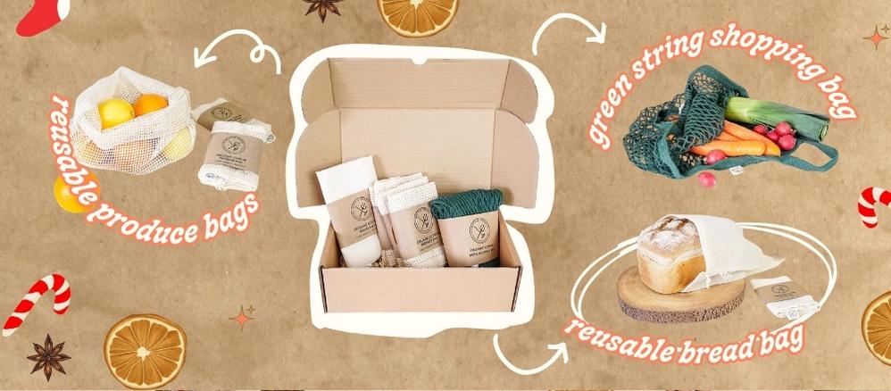 Plastic Free Shopping Kit on brown paper background with Christmas cartoon graphics