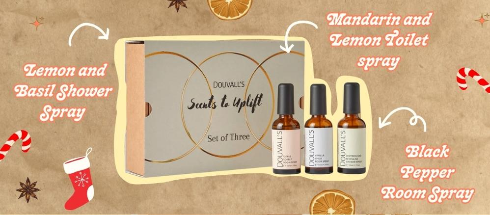 Scents to Uplift Gift set on brown paper background with Christmas cartoon graphics