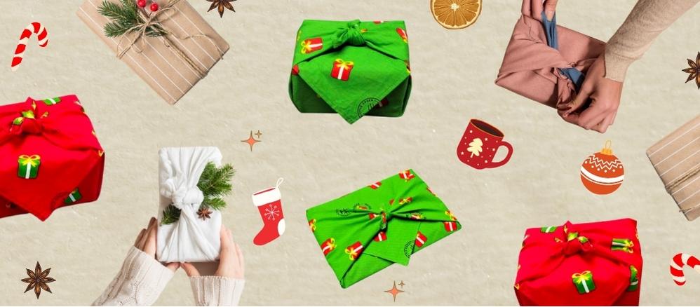 sustainable gift wrapping on brown paper background with Christmas cartoon graphics