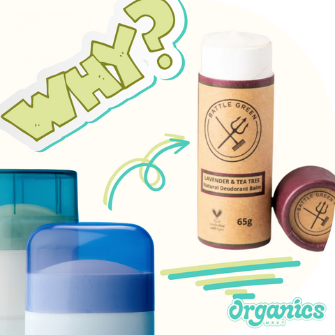 Standard vs Plastic Free Deodorant with a big green why graphic - Question: Why Switch to Natural Deodorants?