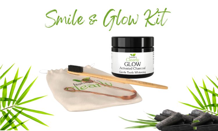 A natural oral care kit with charcoal tooth paste, copper tongue scraper and bamboo toothbrushes