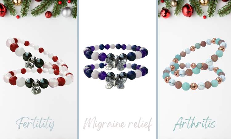 3 crystal healing acupressure bracelets for migraine, fertility and arthritis relief. Christmas Gifts for women 