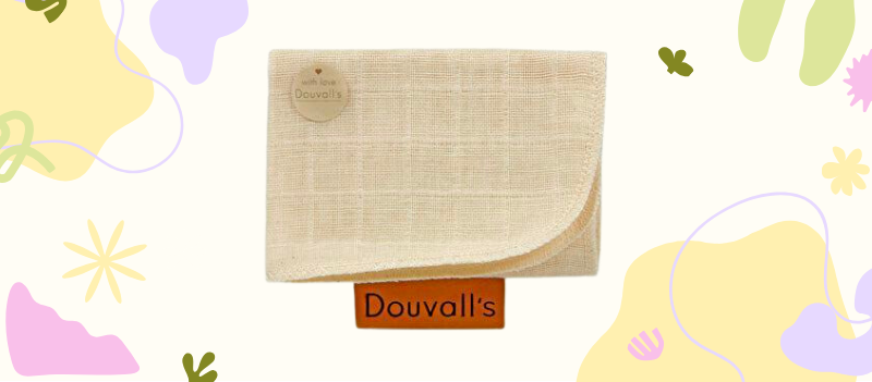 Douvall's natural muslin cloth with cartoon graphics around on an off-white background