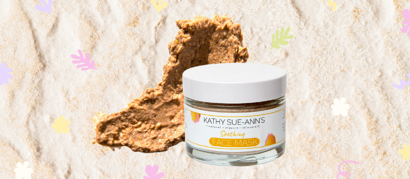 Kathy Sue-Ann's Soothing Face Mask Powder with cartoon graphics around