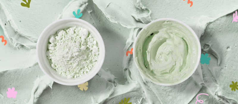 pale green clay mask before and after adding water with cartoon graphics