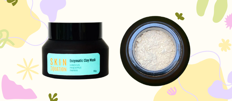Skin Equation Enzymatic Clay Mask with cartoon graphics around on an off-white background