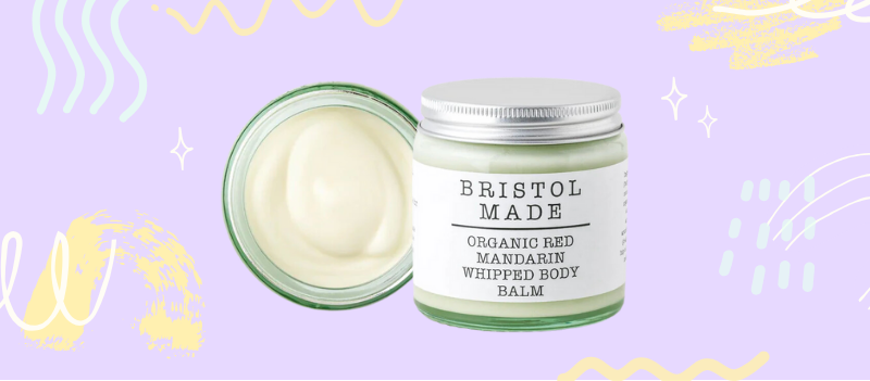 Bristol Made Red Mandarin Whipped Body Butter on lilac background with cartoon graphics