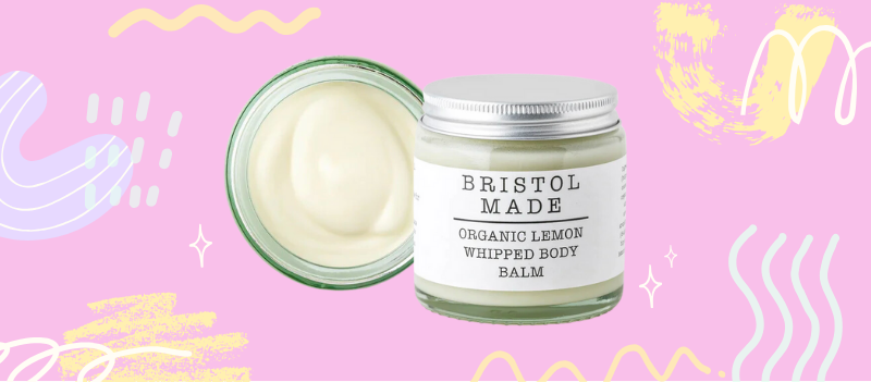 Bristol Made Whipped Lemon Body Butter on pink background with cartoon graphics