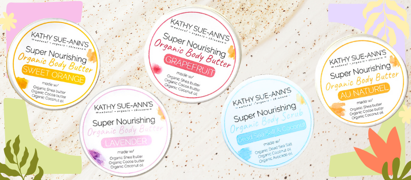 Kathy Sue-Ann Scrub and Glow Mini Body Butter set on body scrub texture background with cartoon graphics