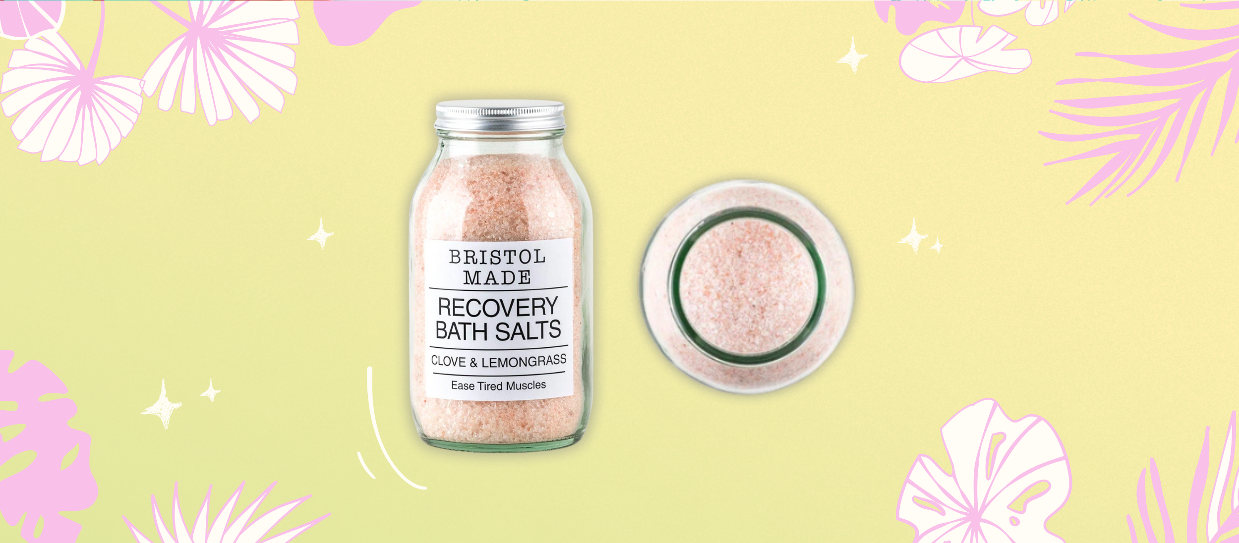 Pink Bath Salt on a yellow, faded green background with cartoon graphics of plants around