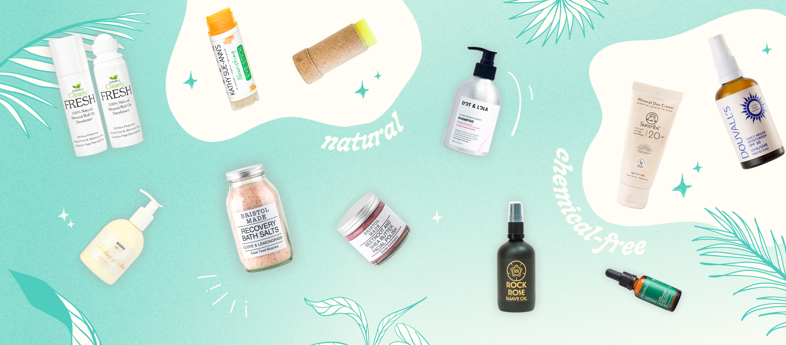 A cluster of natural and organic skincare products on a minty background with cartoon graphics of plants around.