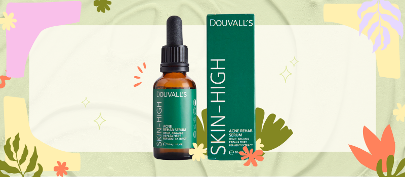 Douvalls Argan Acne Rehab Serum Plant-Based Formula on green texture background with cartoon graphics