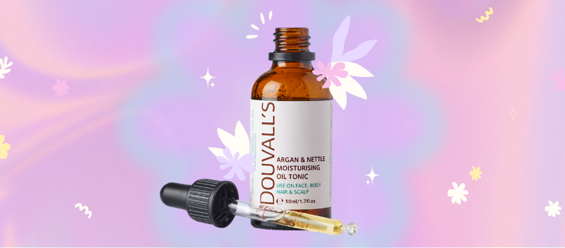 Douvalls Organic Argan & Nettle Oil on lilac and pink background with cartoon graphics